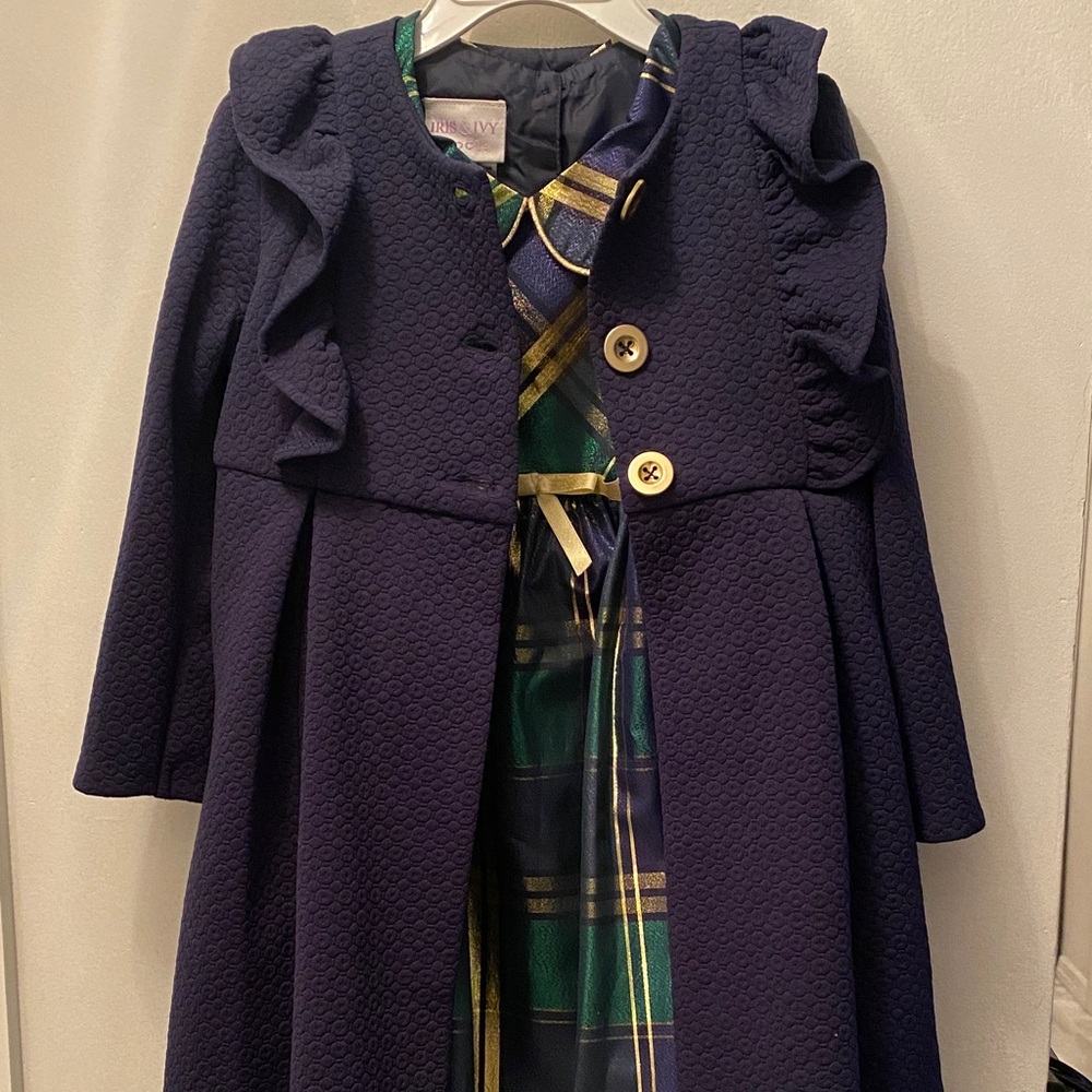 Iris & Ivy plaid dress with Navy Coat with Ruffle Accents